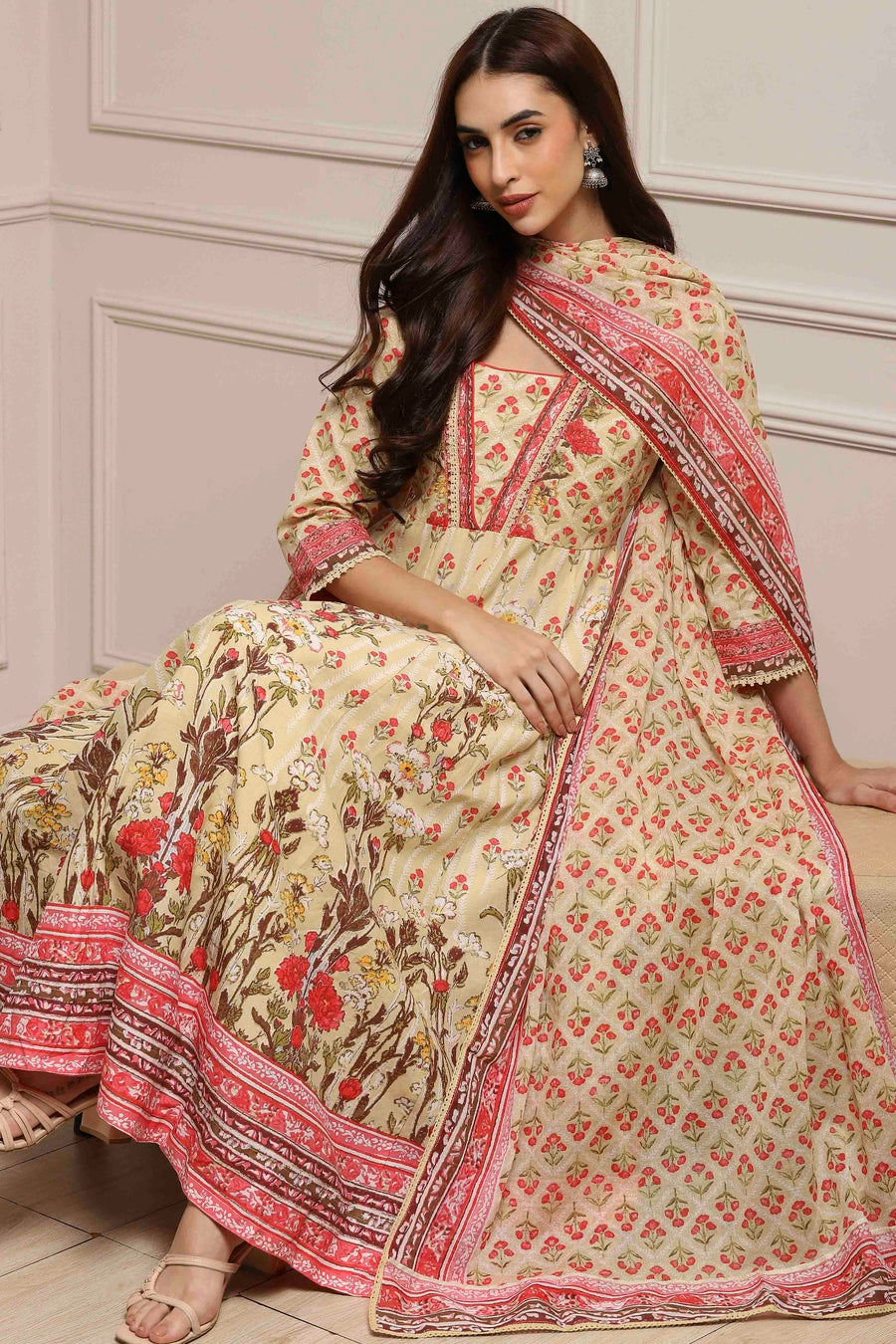 Off-White and Pink Cotton Printed Anarkali Suit Set A34