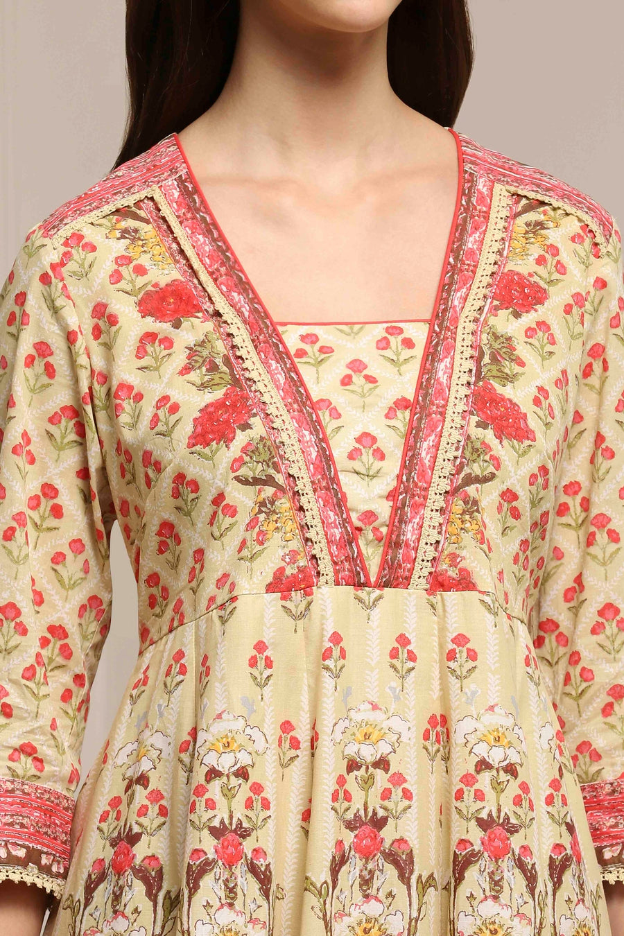 Off-White and Pink Cotton Printed Anarkali Suit Set A34