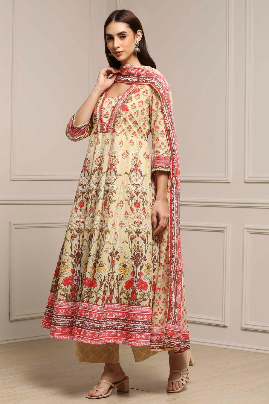 Off-White and Pink Cotton Printed Anarkali Suit Set A34