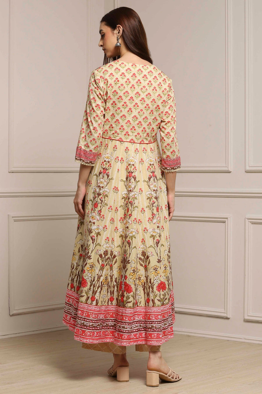 Off-White and Pink Cotton Printed Anarkali Suit Set A34