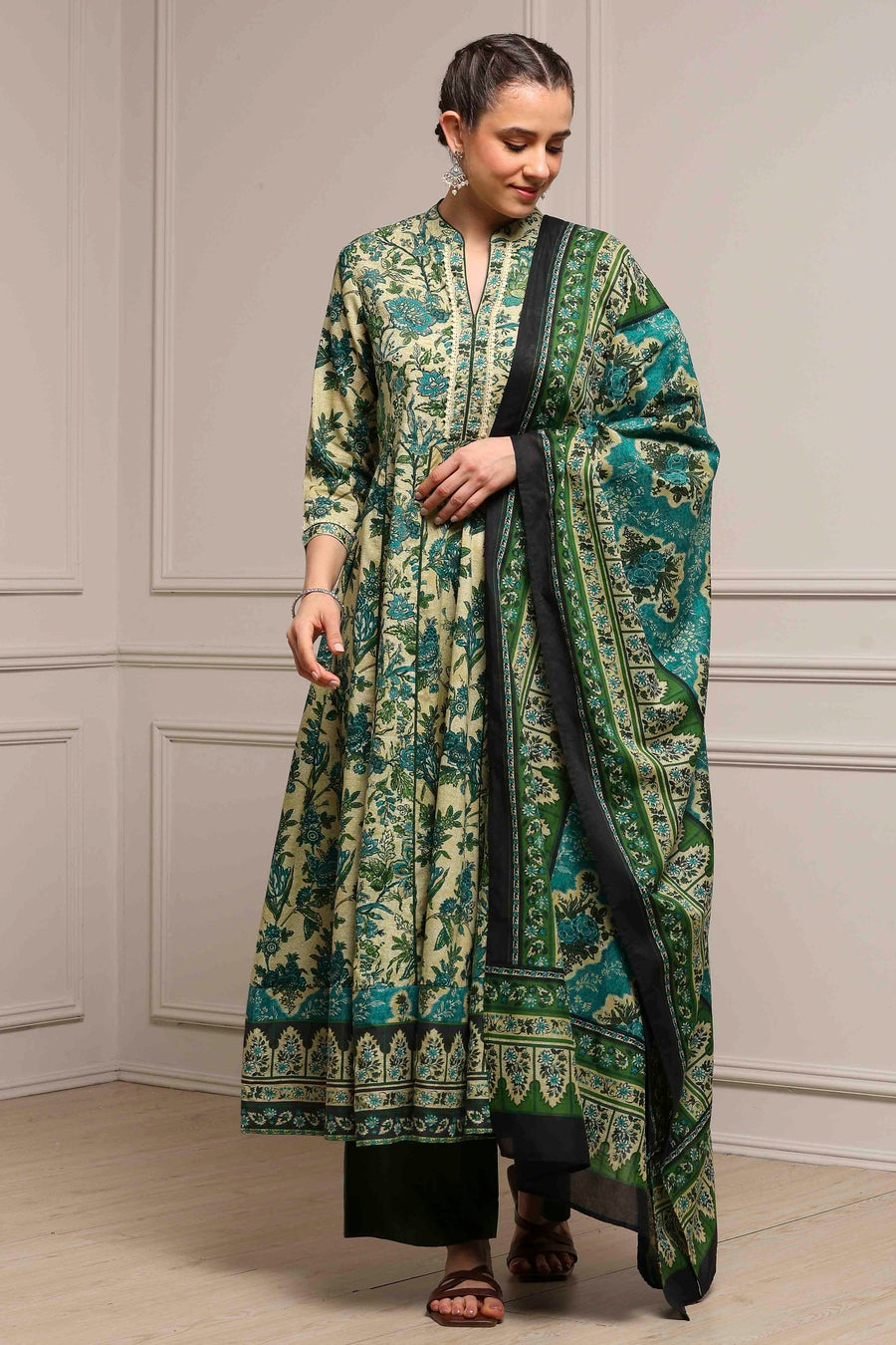 Beige and Green Cotton Printed Anarkali Suit Set A34