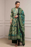 Beige and Green Cotton Printed Anarkali Suit Set A34