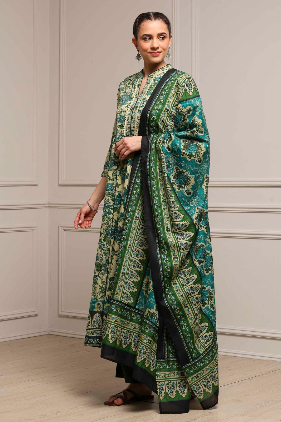 Beige and Green Cotton Printed Anarkali Suit Set A34