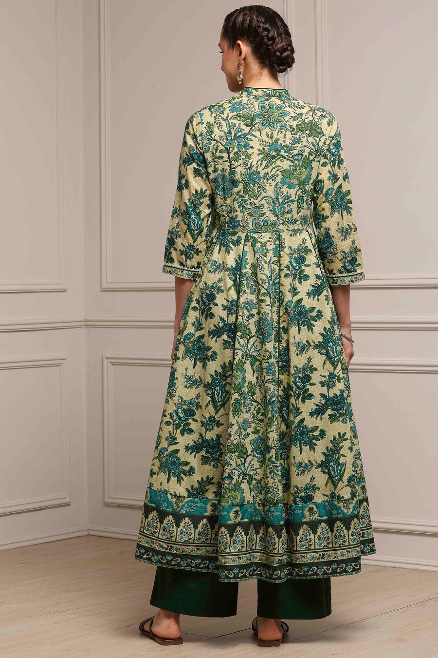 Beige and Green Cotton Printed Anarkali Suit Set A34