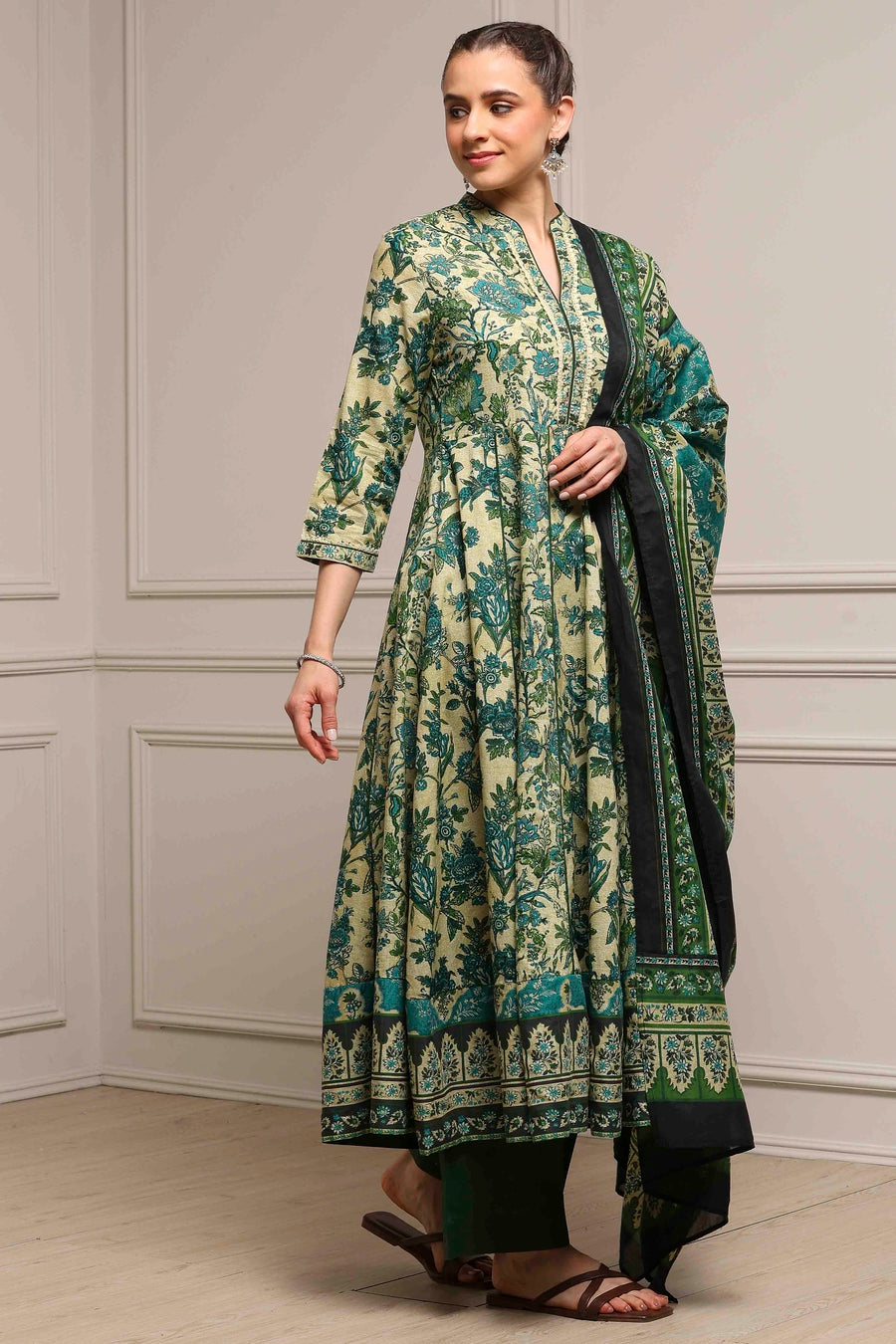 Beige and Green Cotton Printed Anarkali Suit Set A34