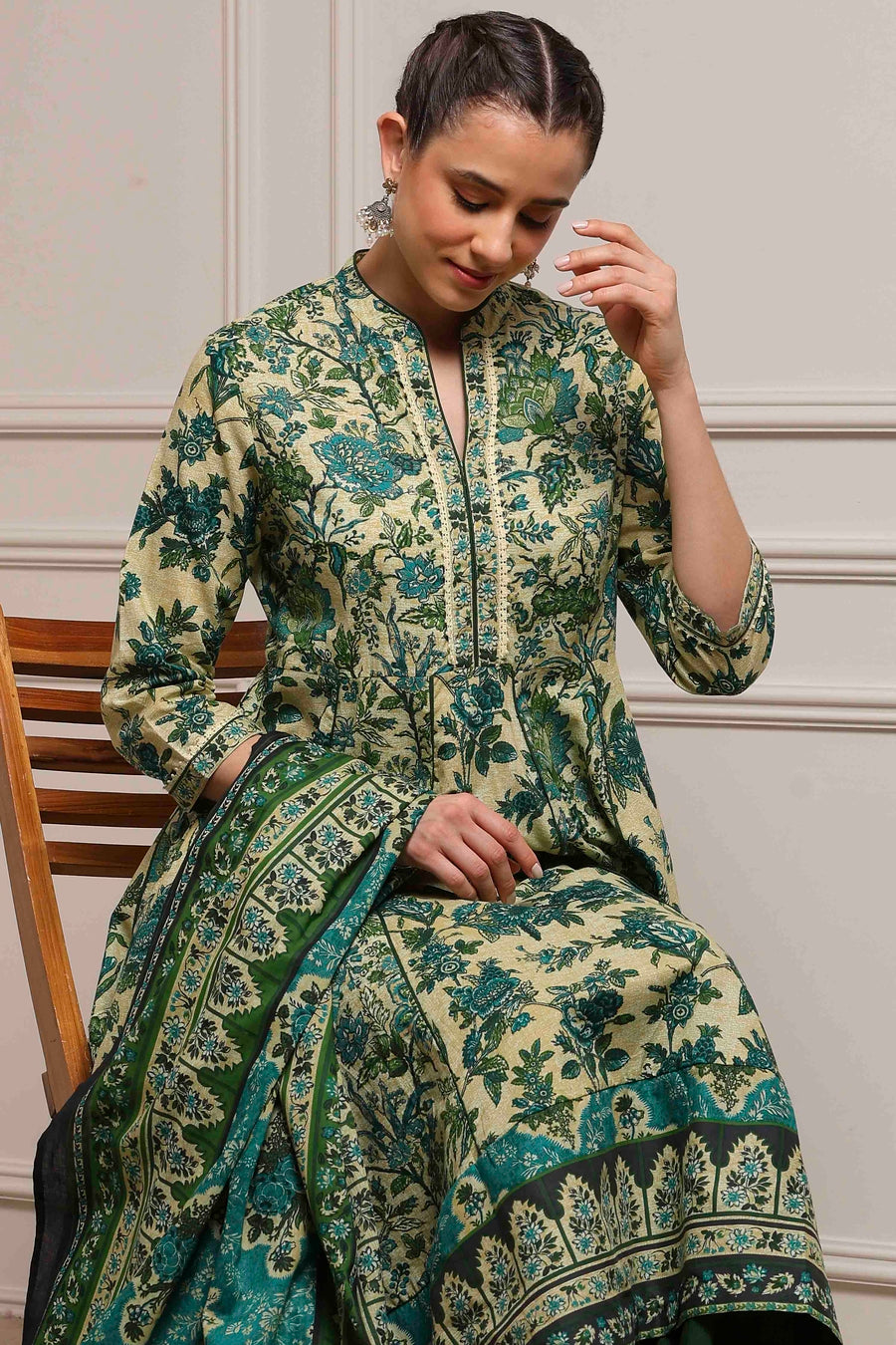 Beige and Green Cotton Printed Anarkali Suit Set A34