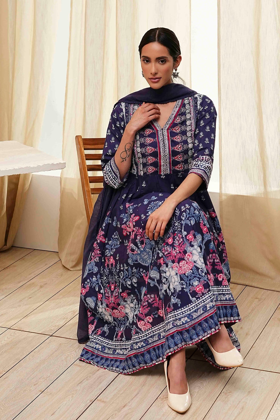 Indigo Cotton Floral Anarkali Suit Set A34