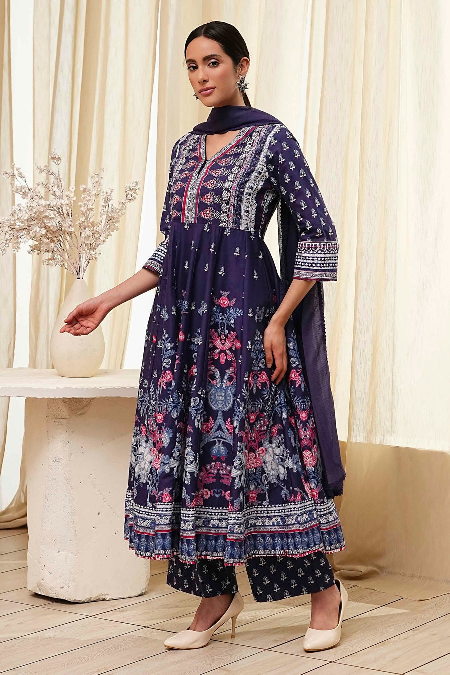 Indigo Cotton Floral Anarkali Suit Set A34
