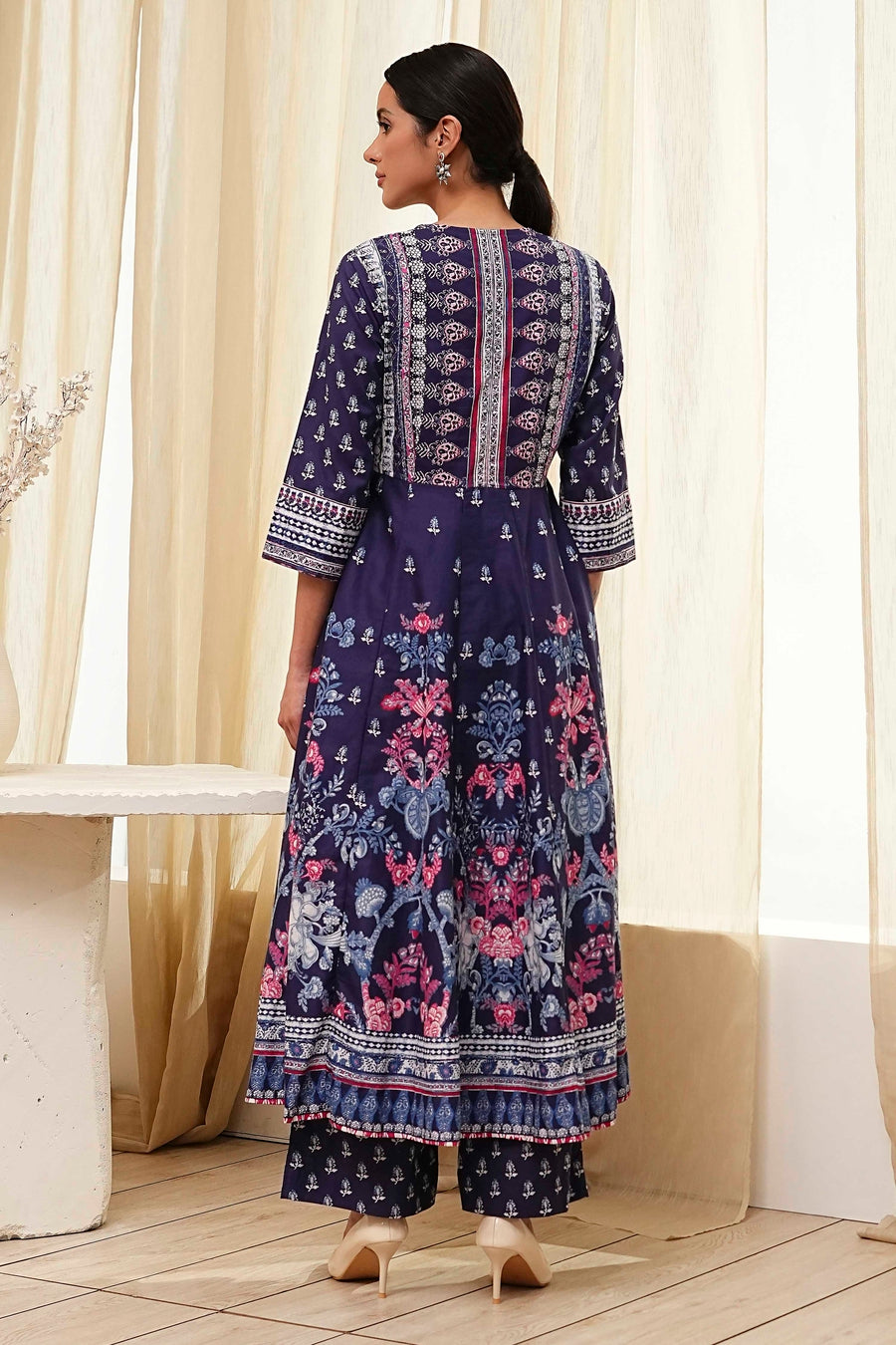 Indigo Cotton Floral Anarkali Suit Set A34