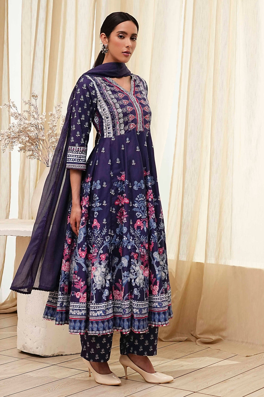 Indigo Cotton Floral Anarkali Suit Set A34