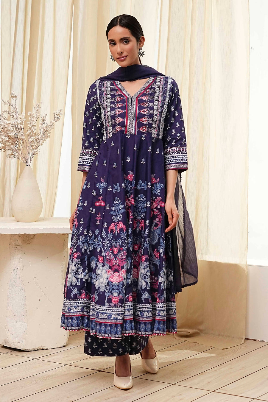 Indigo Cotton Floral Anarkali Suit Set A34