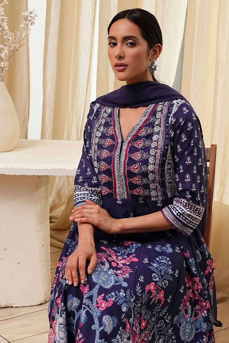 Indigo Cotton Floral Anarkali Suit Set A34