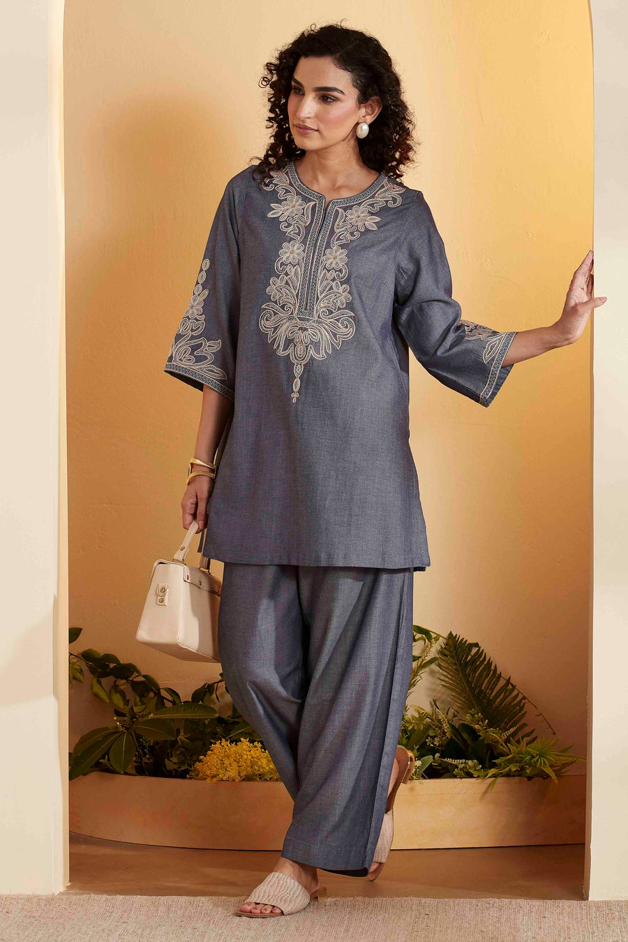 Blue Tencel Embroidered Straight Kurta Set KS60