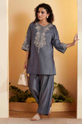 Blue Tencel Embroidered Straight Kurta Set KS60