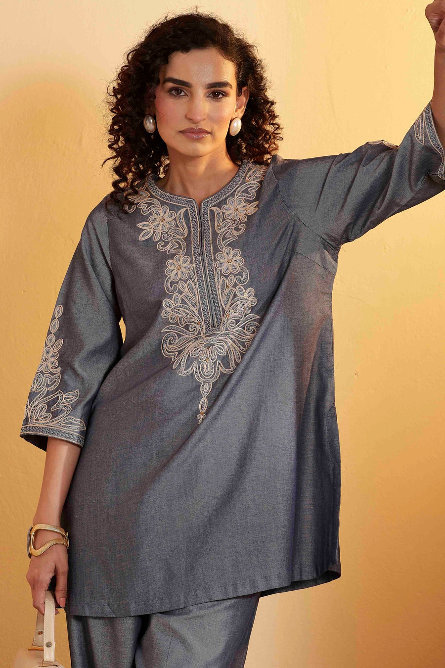 Blue Tencel Embroidered Straight Kurta Set KS60