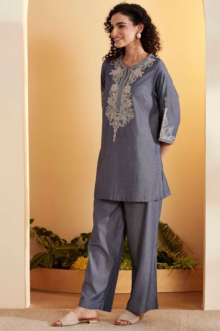 Blue Tencel Embroidered Straight Kurta Set KS60