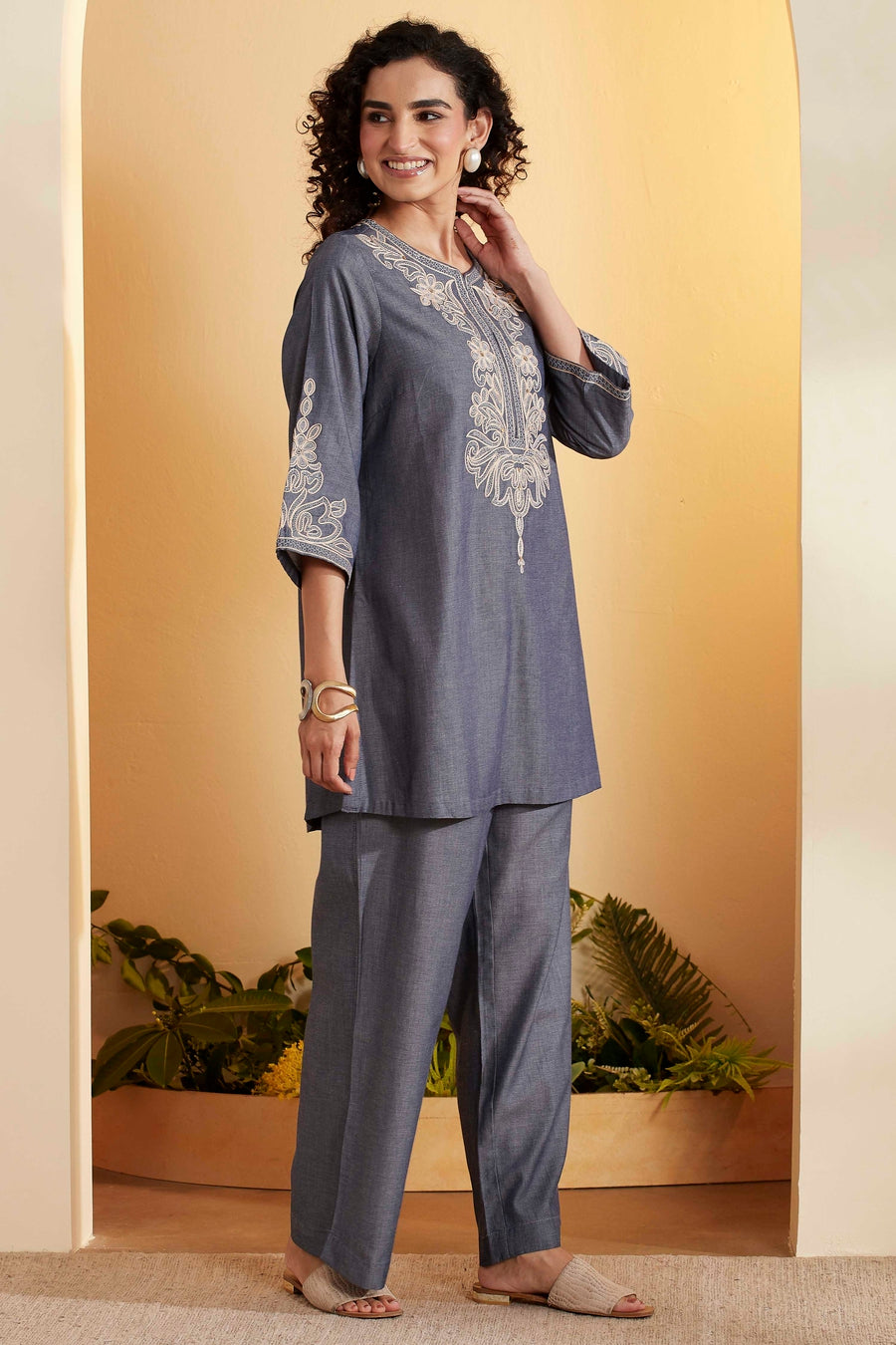 Blue Tencel Embroidered Straight Kurta Set KS60