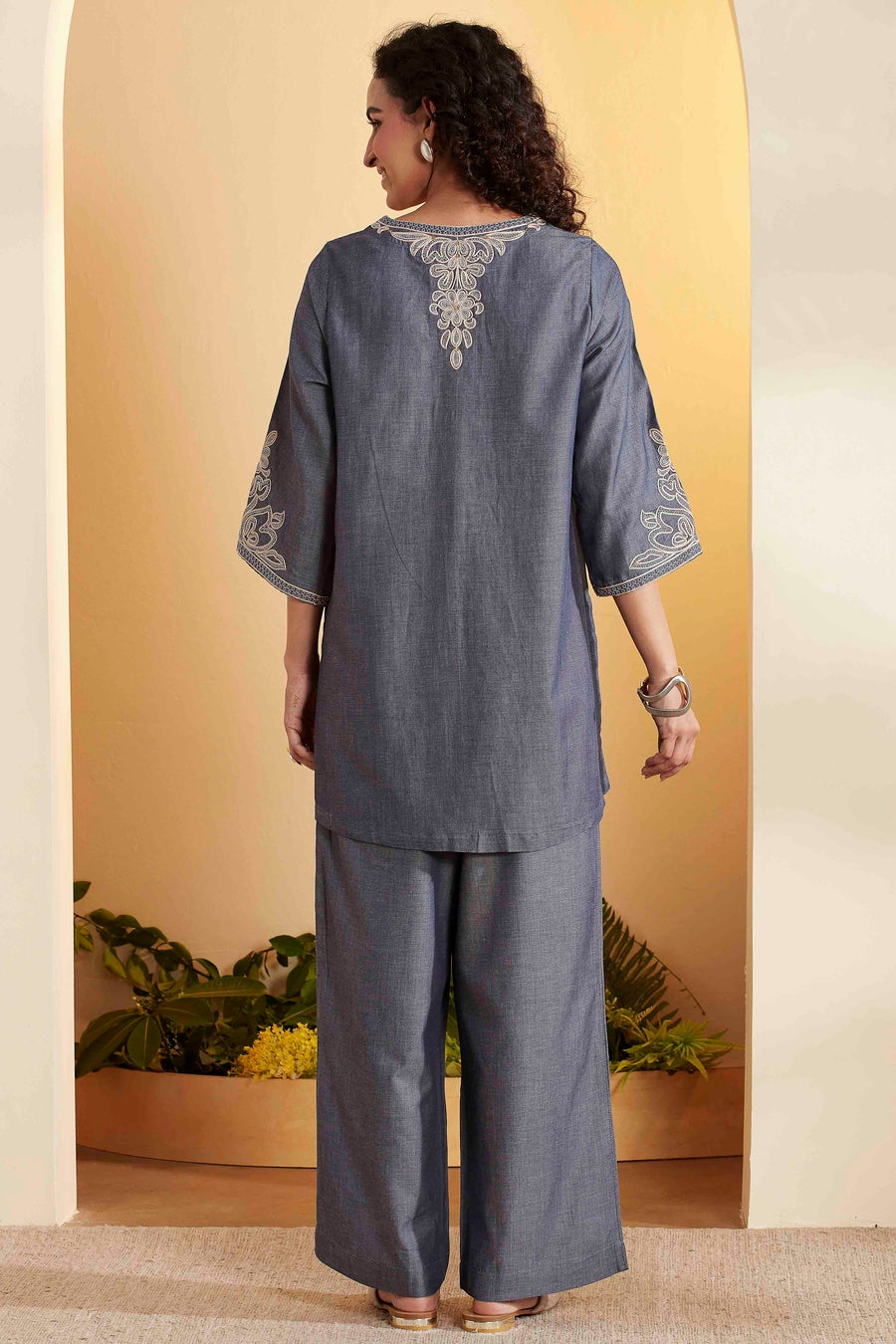 Blue Tencel Embroidered Straight Kurta Set KS60