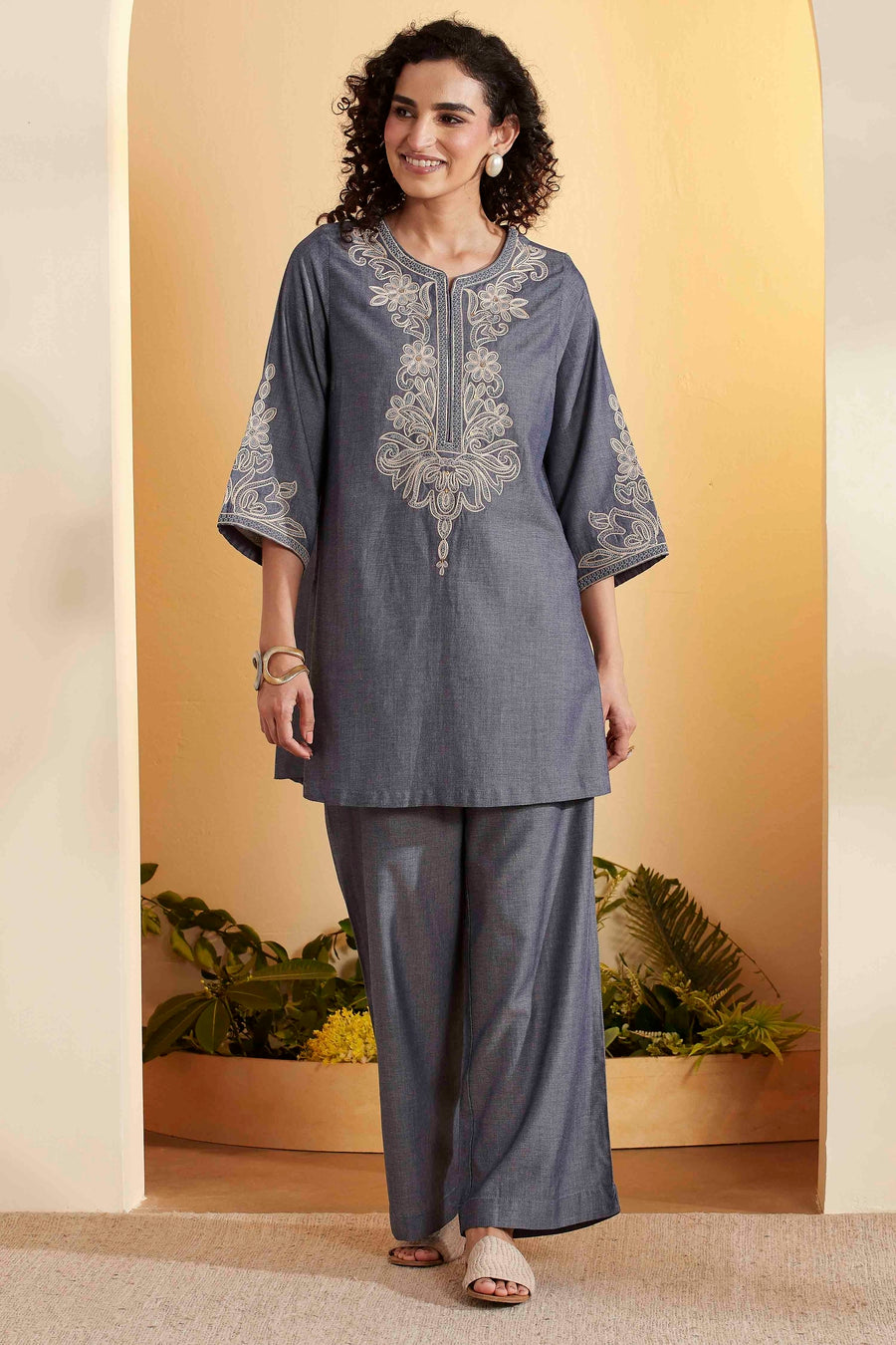 Blue Tencel Embroidered Straight Kurta Set KS60
