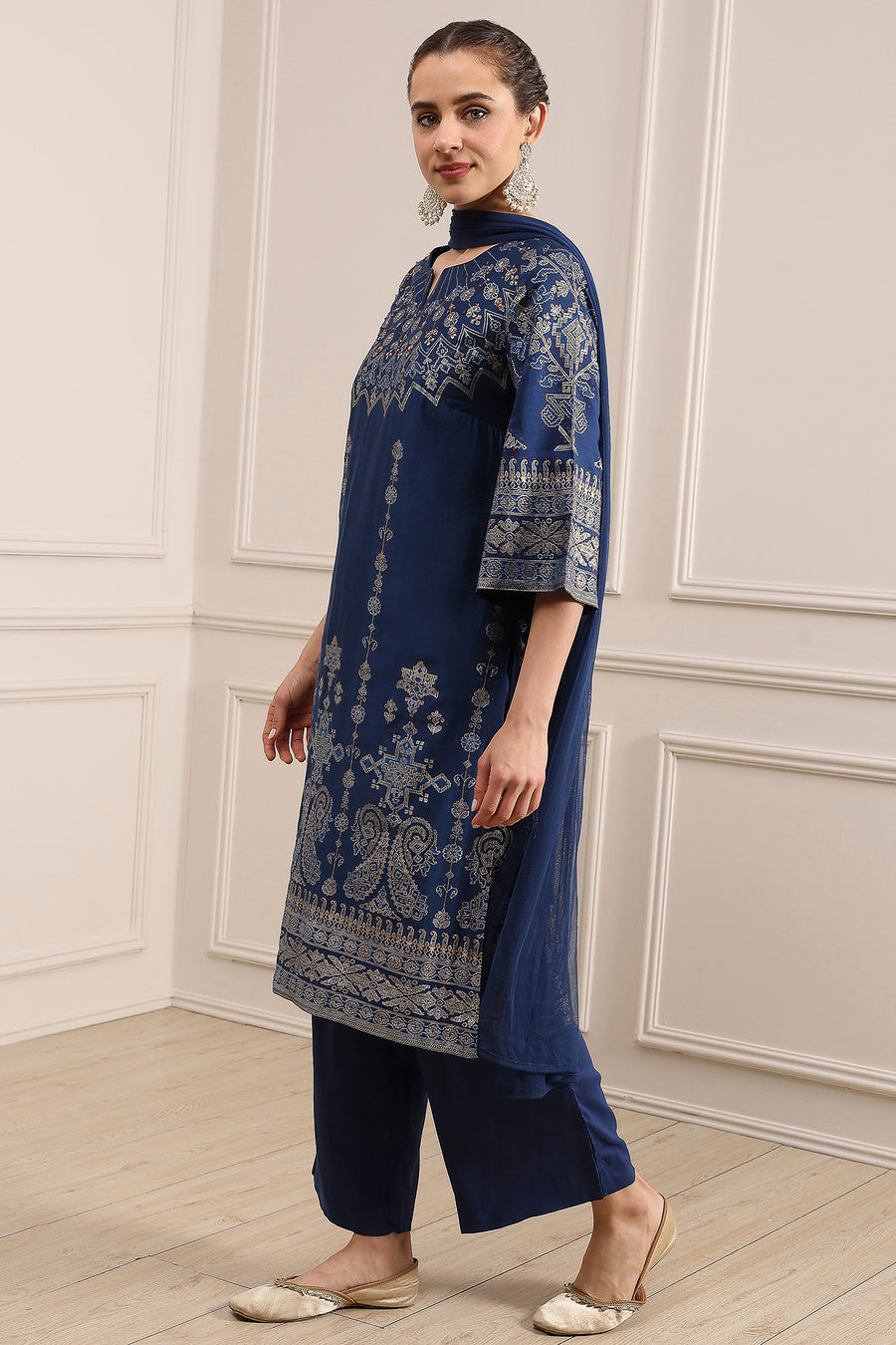 Blue Printed Straight Suit Set KS60