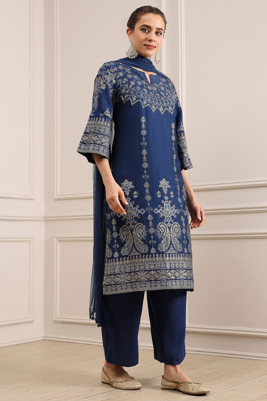 Blue Printed Straight Suit Set KS60