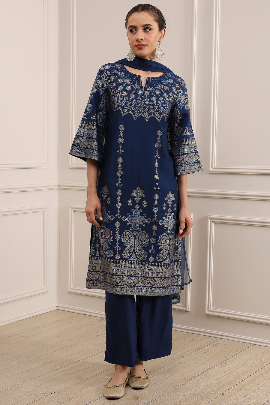 Blue Printed Straight Suit Set KS60