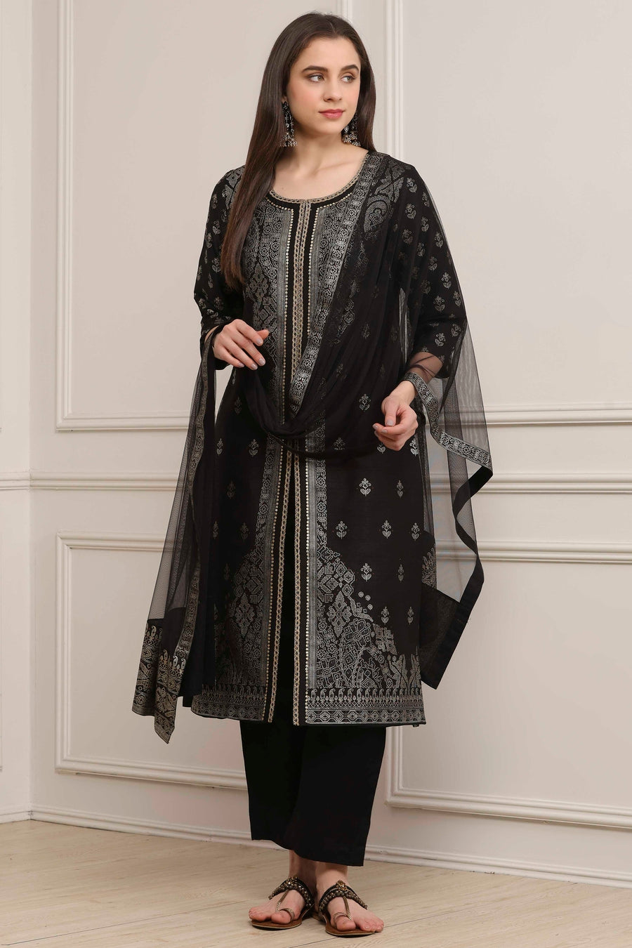 Black Poly Dupion Printed Straight Kurta Set KS60