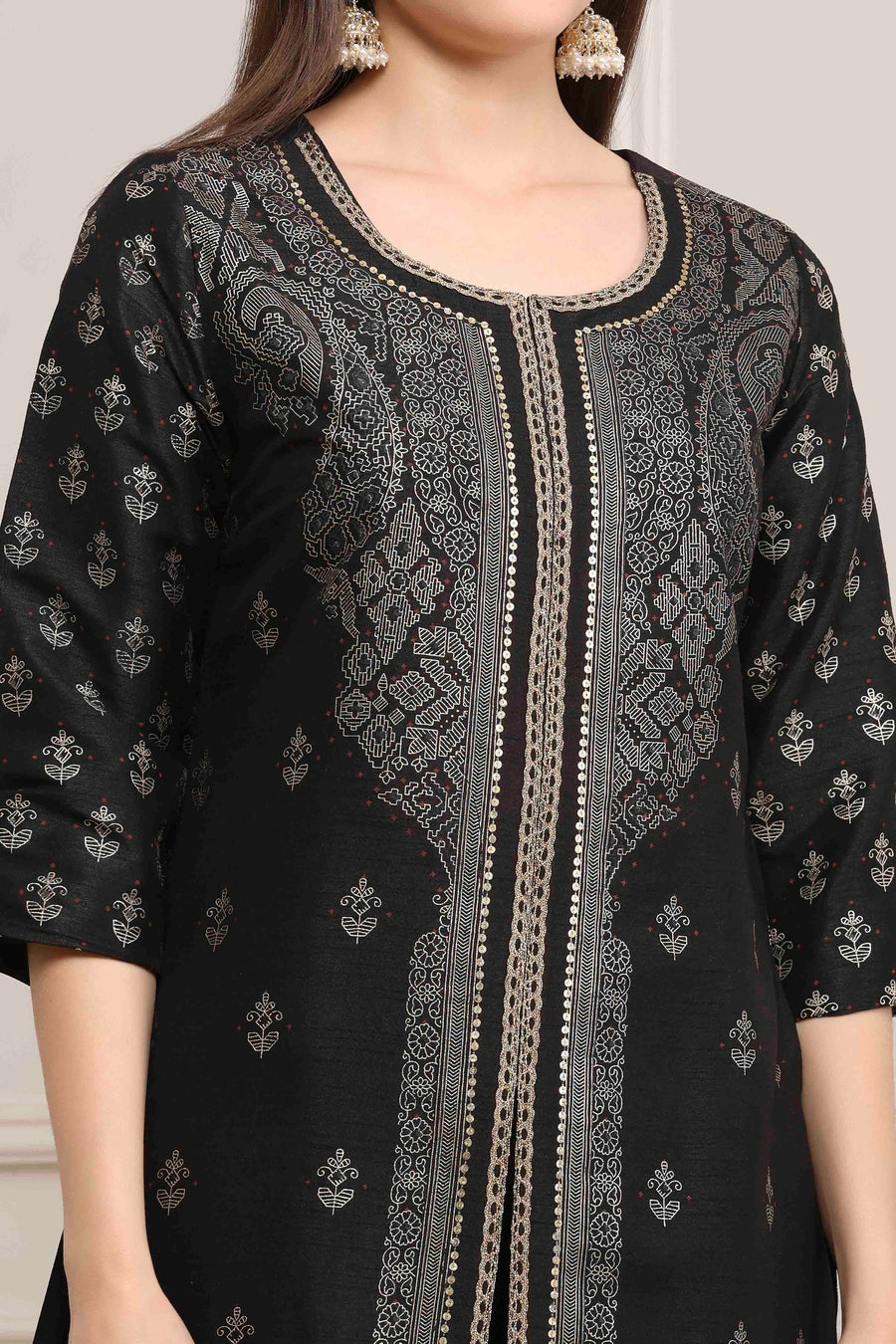 Black Poly Dupion Printed Straight Kurta Set KS60