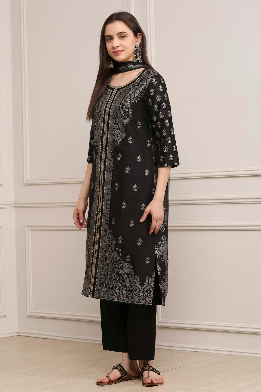 Black Poly Dupion Printed Straight Kurta Set KS60