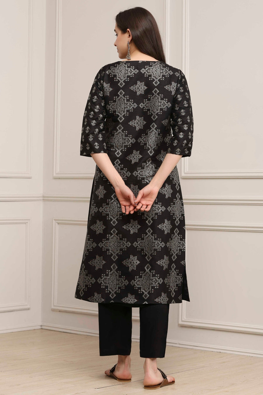 Black Poly Dupion Printed Straight Kurta Set KS60