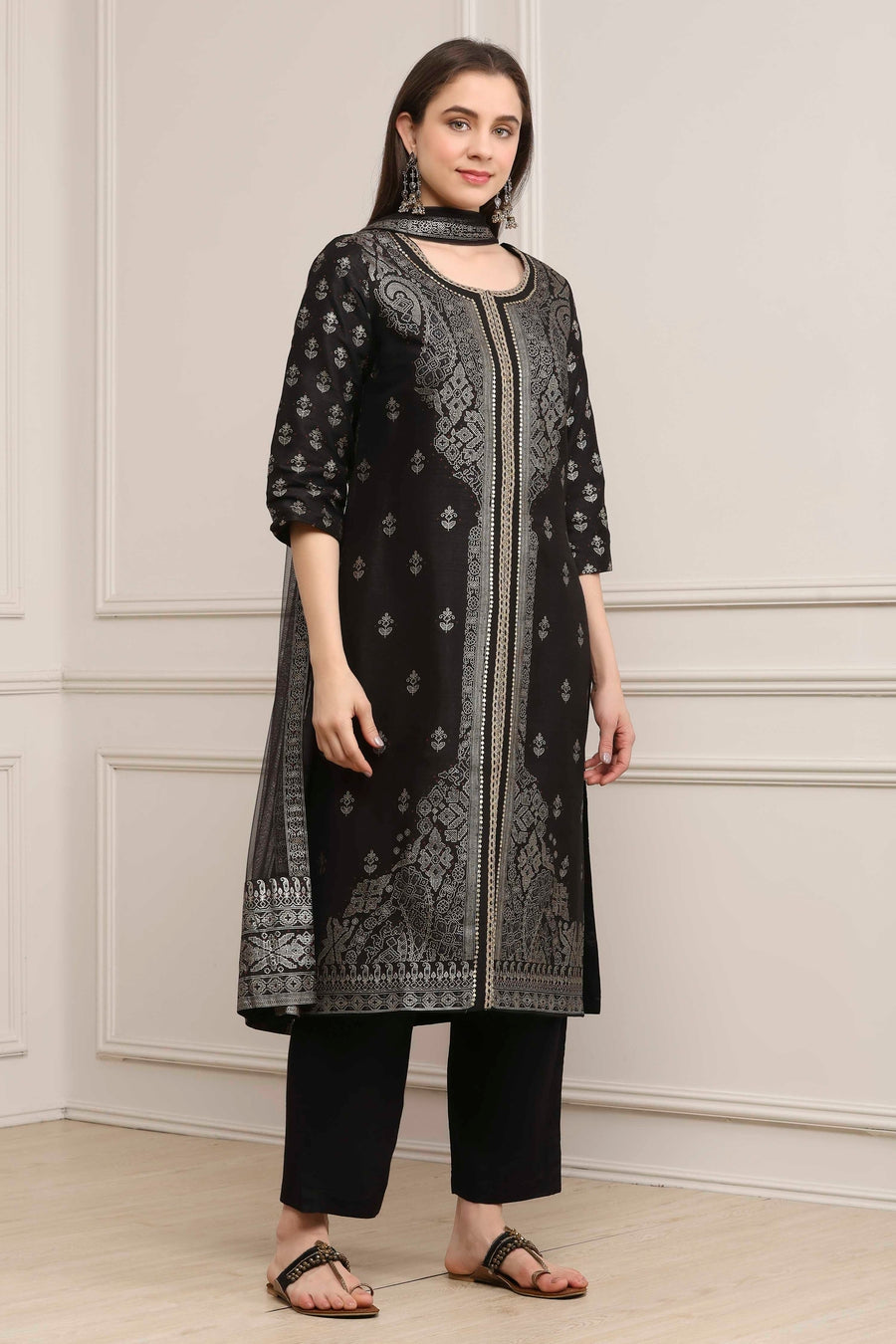 Black Poly Dupion Printed Straight Kurta Set KS60