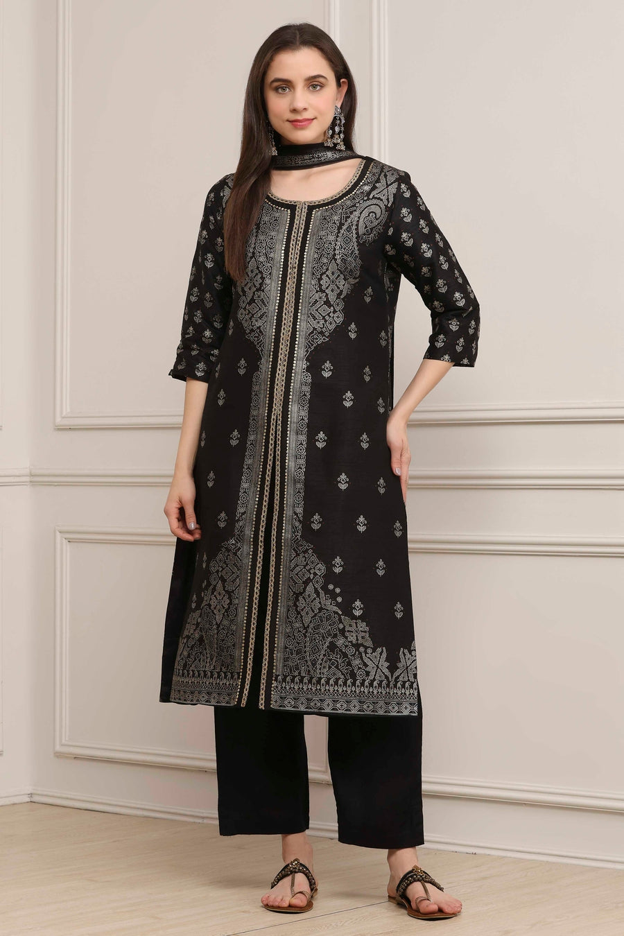 Black Poly Dupion Printed Straight Kurta Set KS60