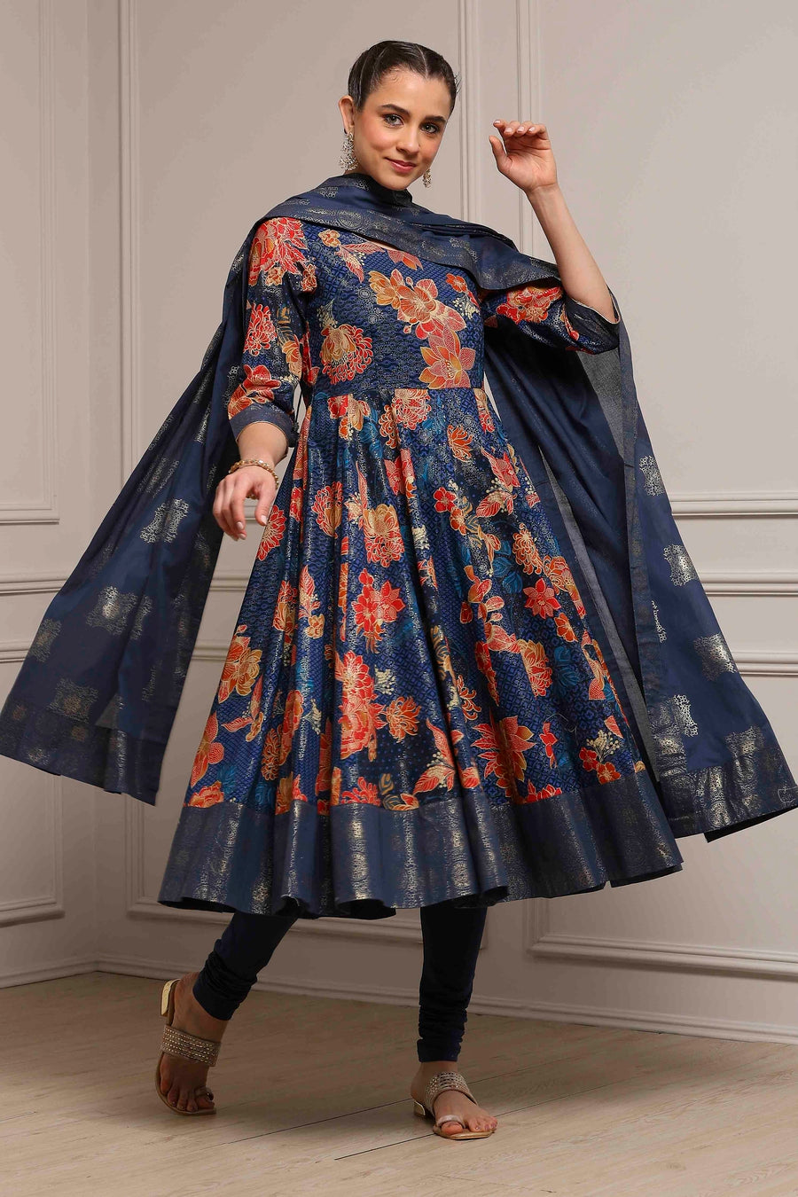 Navy blue Cotton Floral Printed Anarkali Kurta Set A34