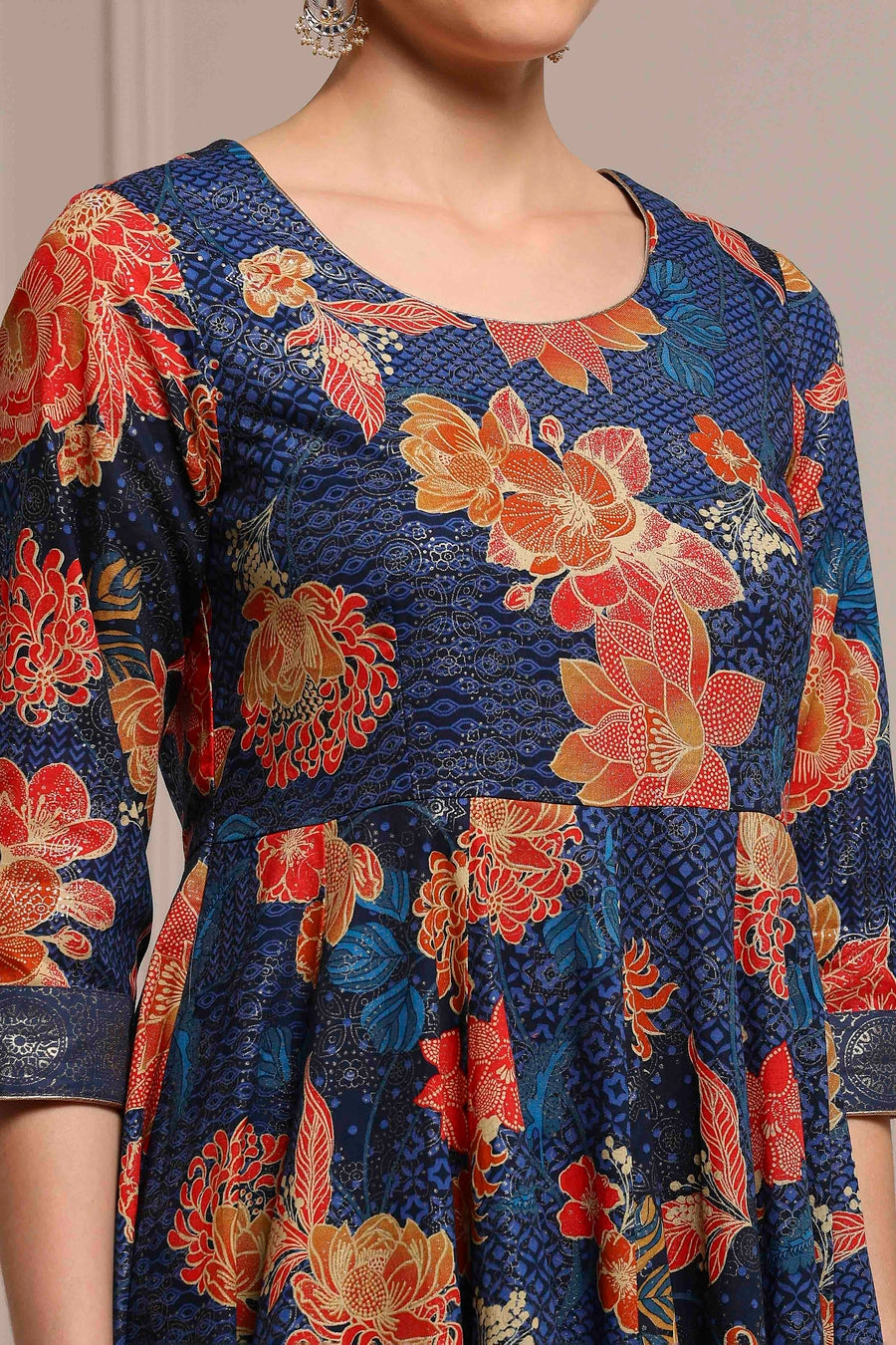 Navy blue Cotton Floral Printed Anarkali Kurta Set A34