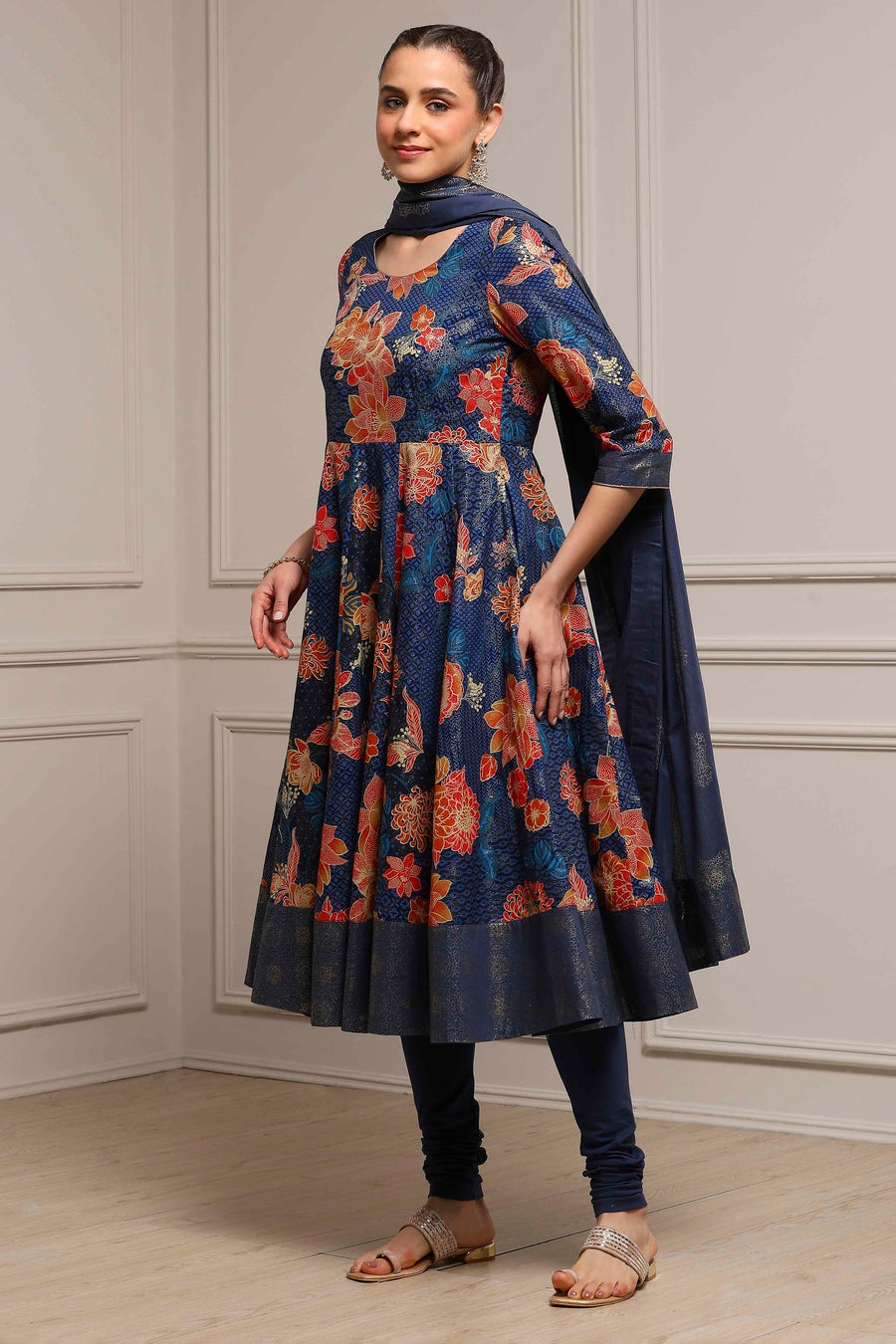 Navy blue Cotton Floral Printed Anarkali Kurta Set A34