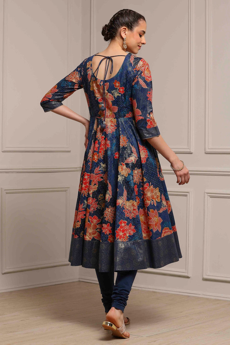 Navy blue Cotton Floral Printed Anarkali Kurta Set A34
