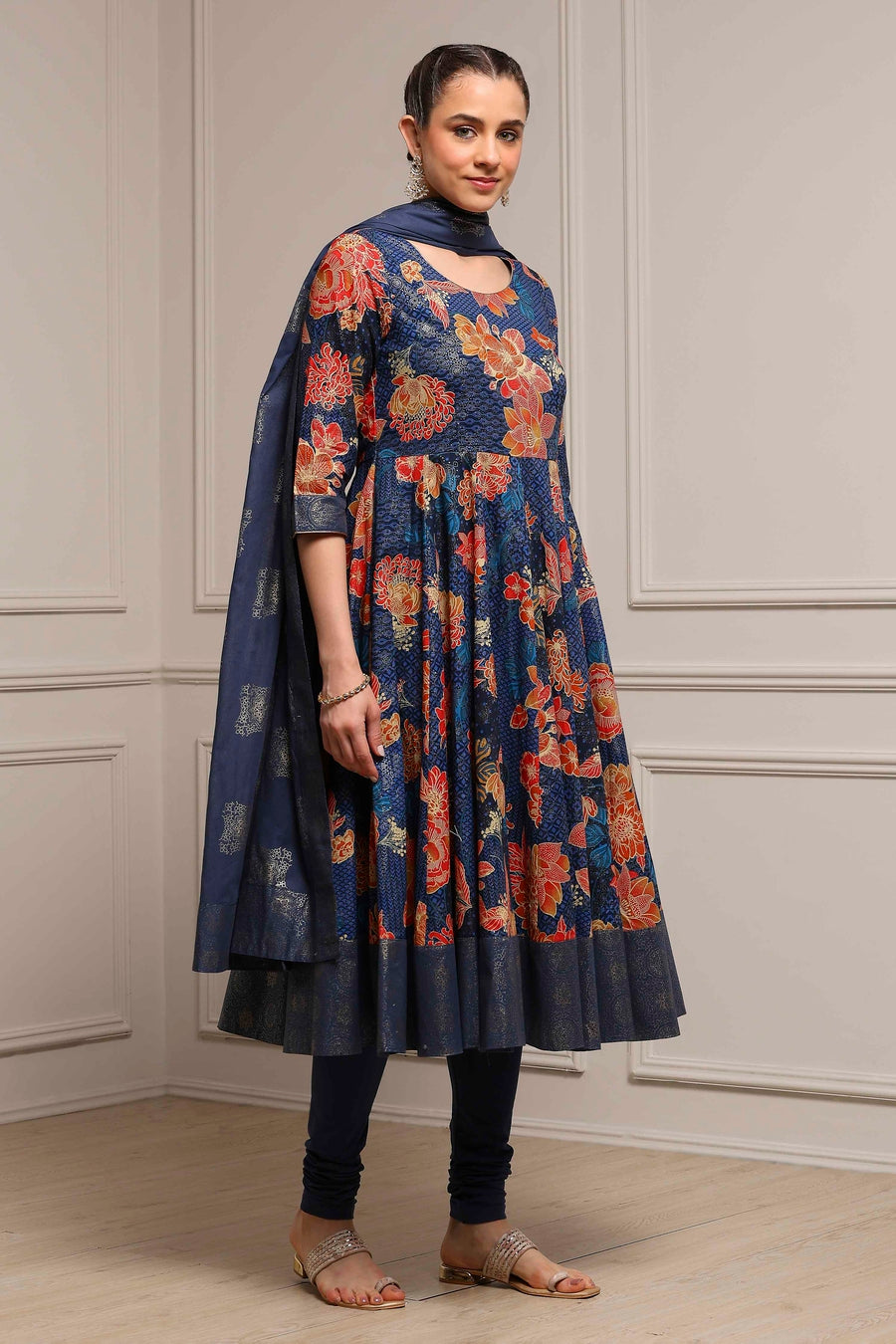 Navy blue Cotton Floral Printed Anarkali Kurta Set A34