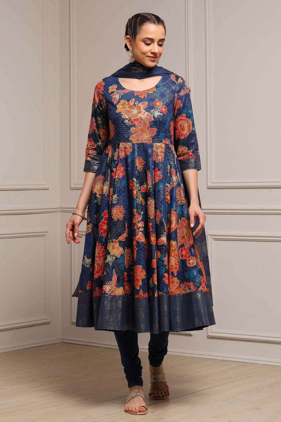 Navy blue Cotton Floral Printed Anarkali Kurta Set A34