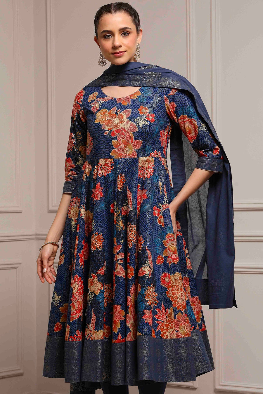Navy blue Cotton Floral Printed Anarkali Kurta Set A34
