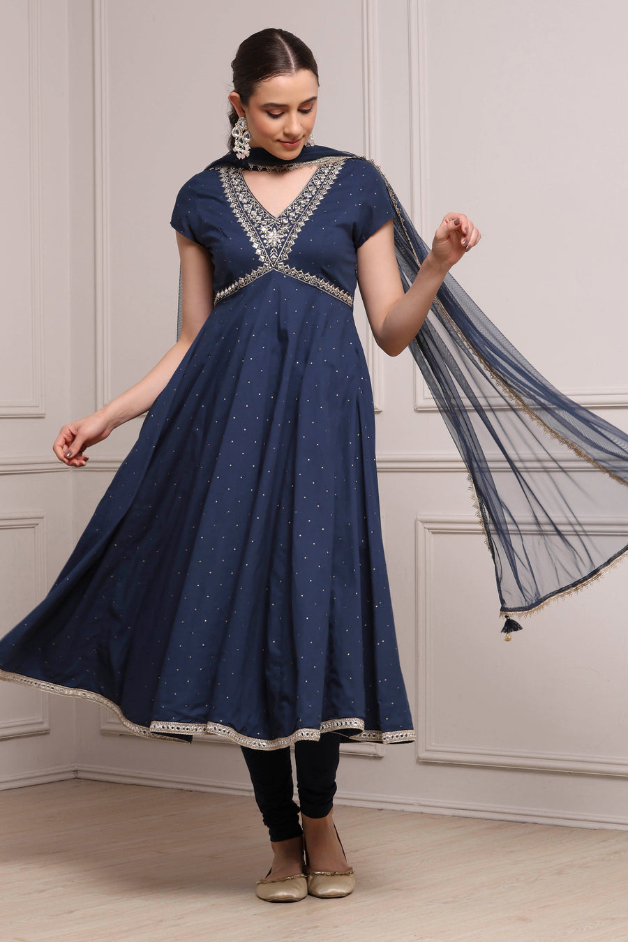 Blue Cotton Yoke Design Flared Suit Set KS60