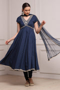Blue Cotton Yoke Design Flared Suit Set KS60