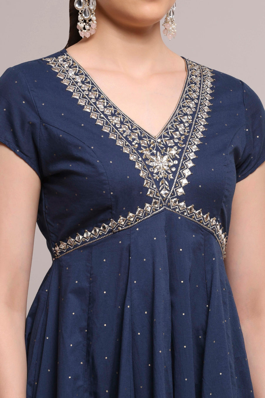 Blue Cotton Yoke Design Flared Suit Set KS60