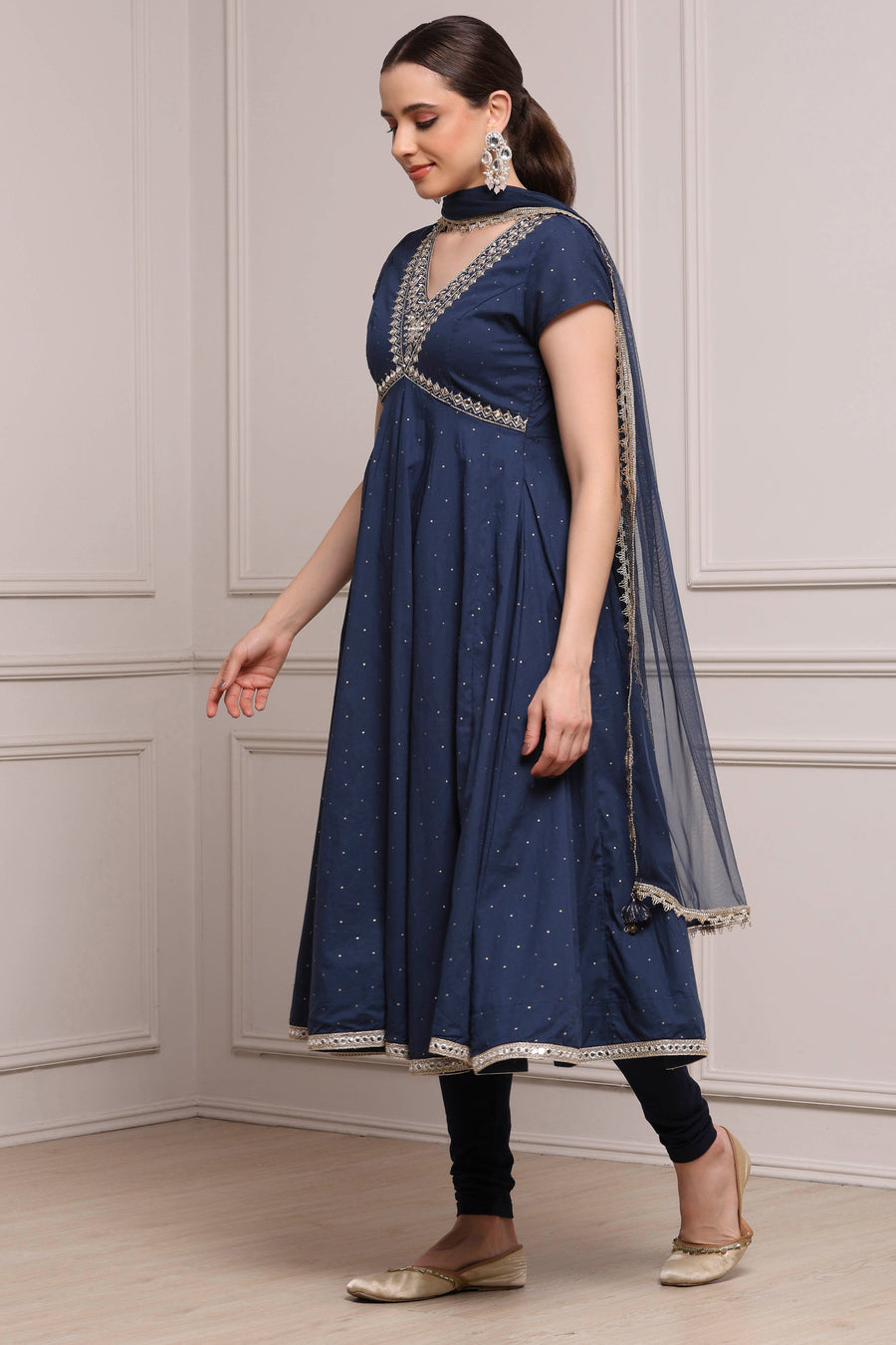 Blue Cotton Yoke Design Flared Suit Set KS60