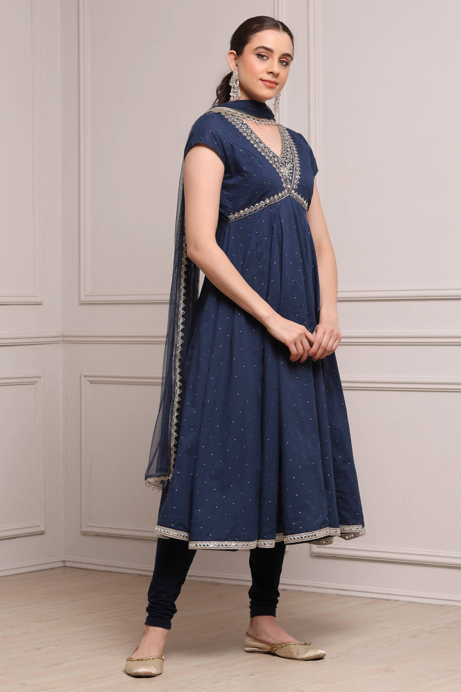 Blue Cotton Yoke Design Flared Suit Set KS60