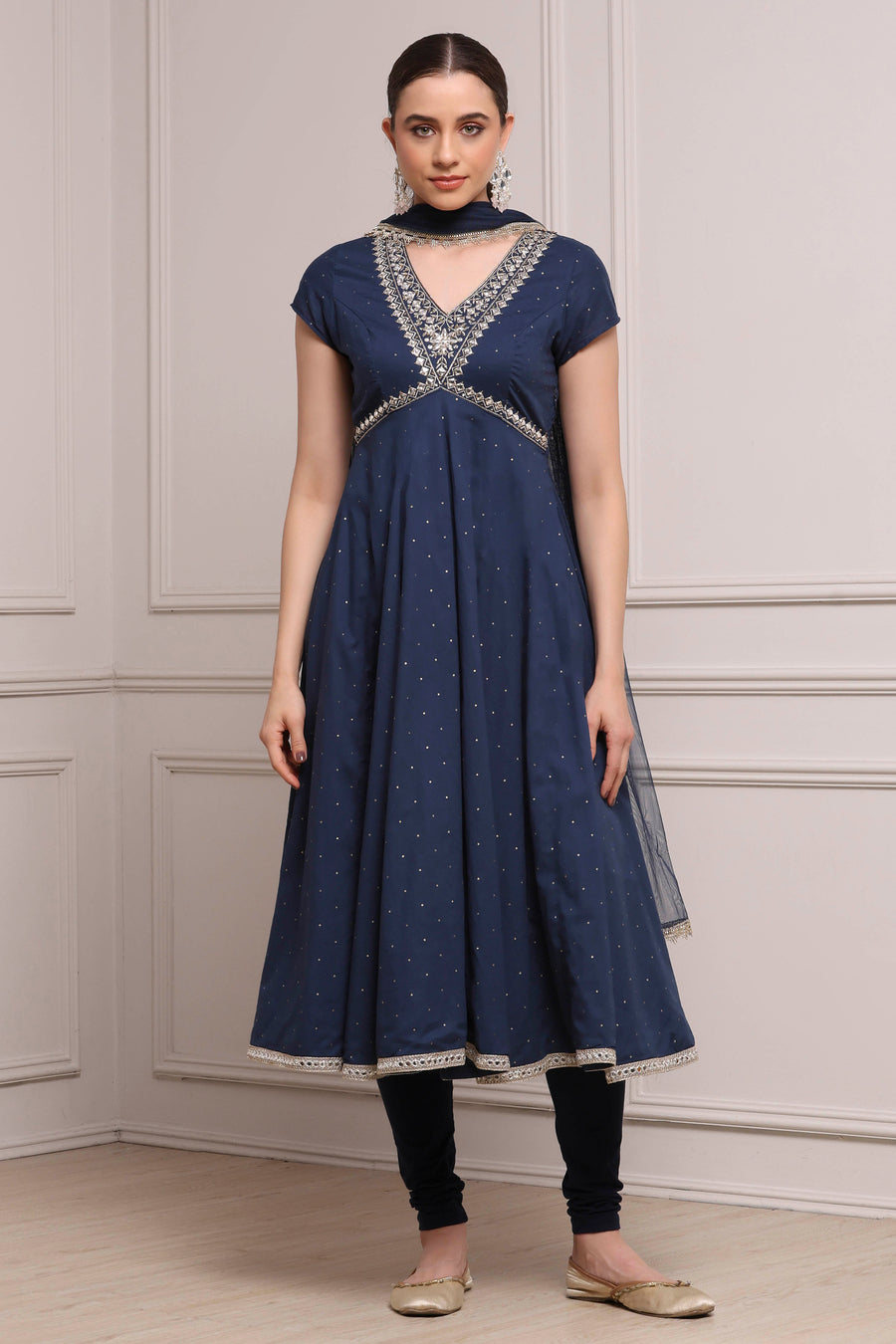 Blue Cotton Yoke Design Flared Suit Set KS60