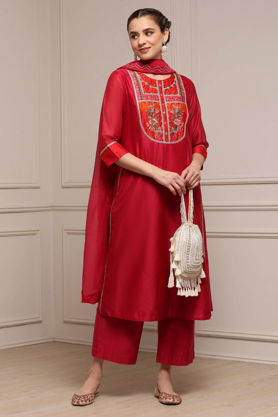 Red Silk Chanderi Yoke Embroidered Kalidar Kurta Set KS60