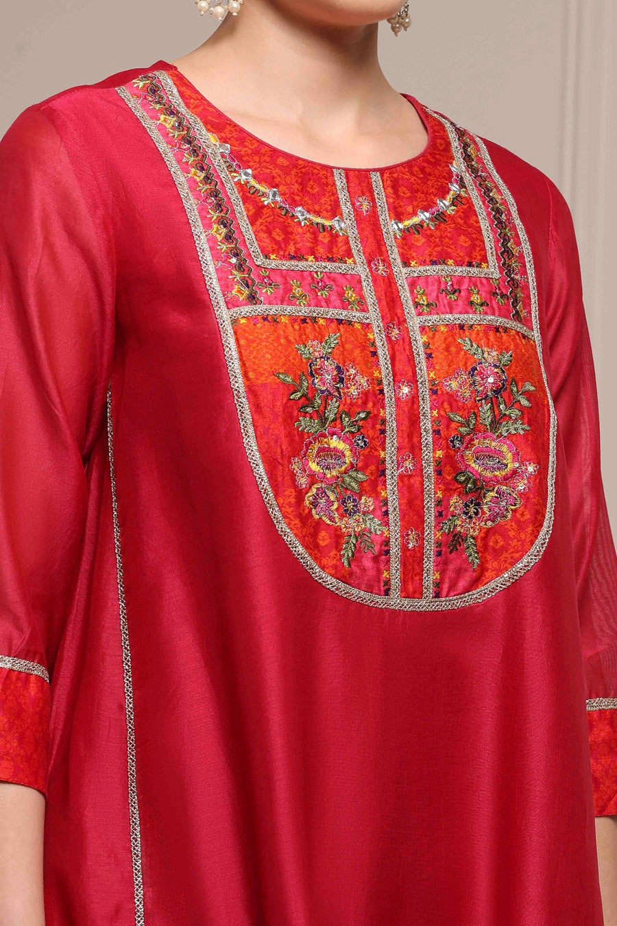 Red Silk Chanderi Yoke Embroidered Kalidar Kurta Set KS60