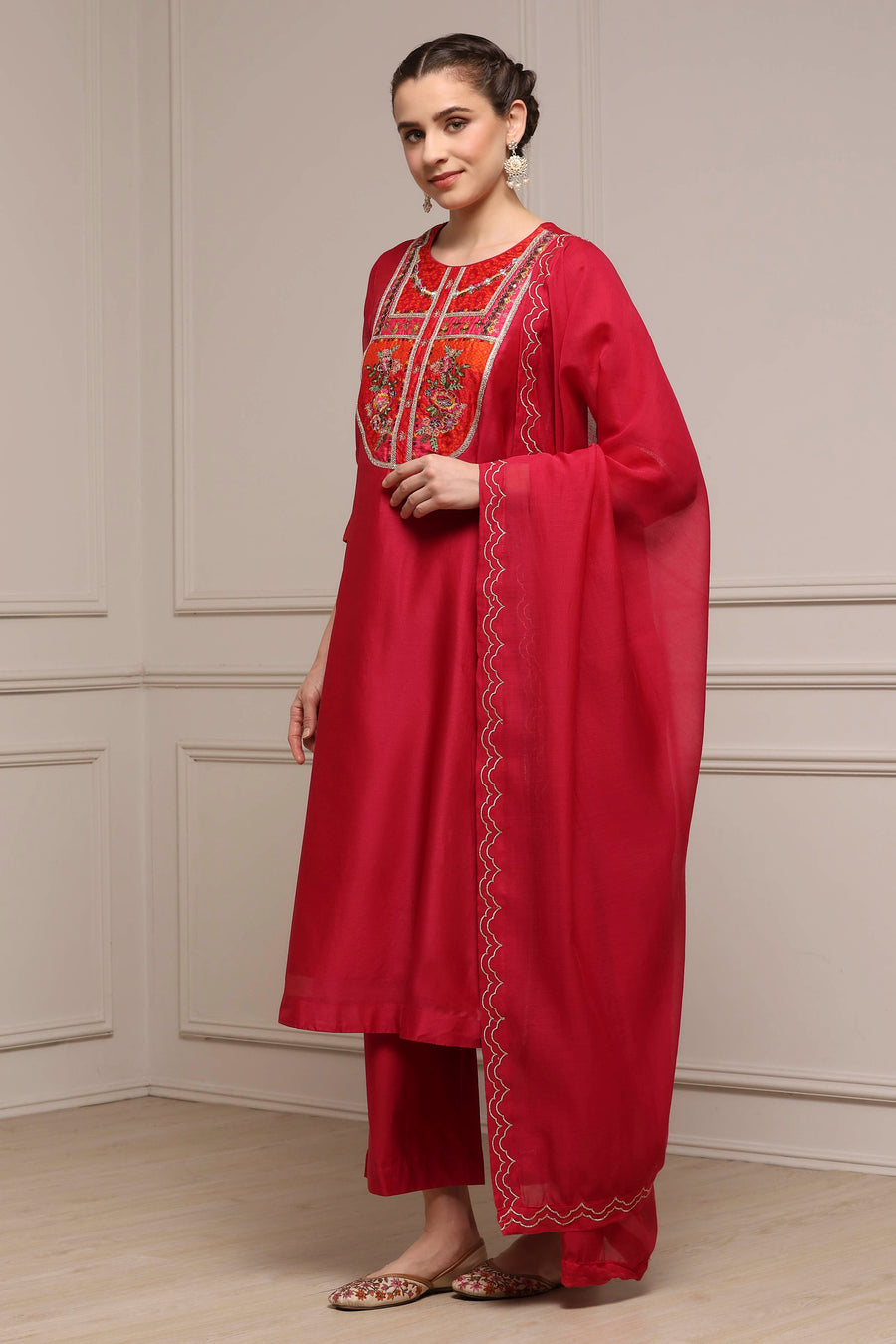 Red Silk Chanderi Yoke Embroidered Kalidar Kurta Set KS60