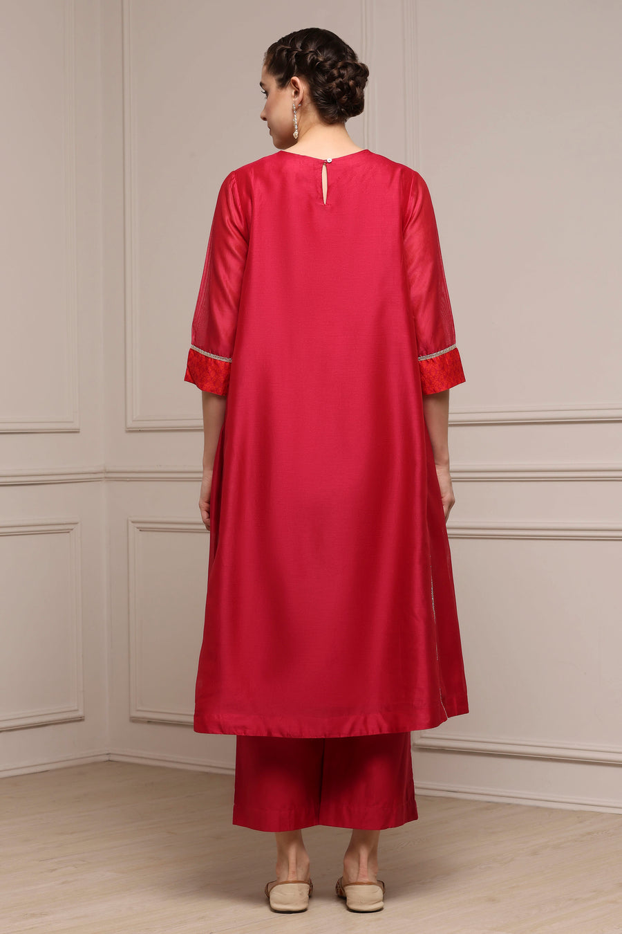 Red Silk Chanderi Yoke Embroidered Kalidar Kurta Set KS60