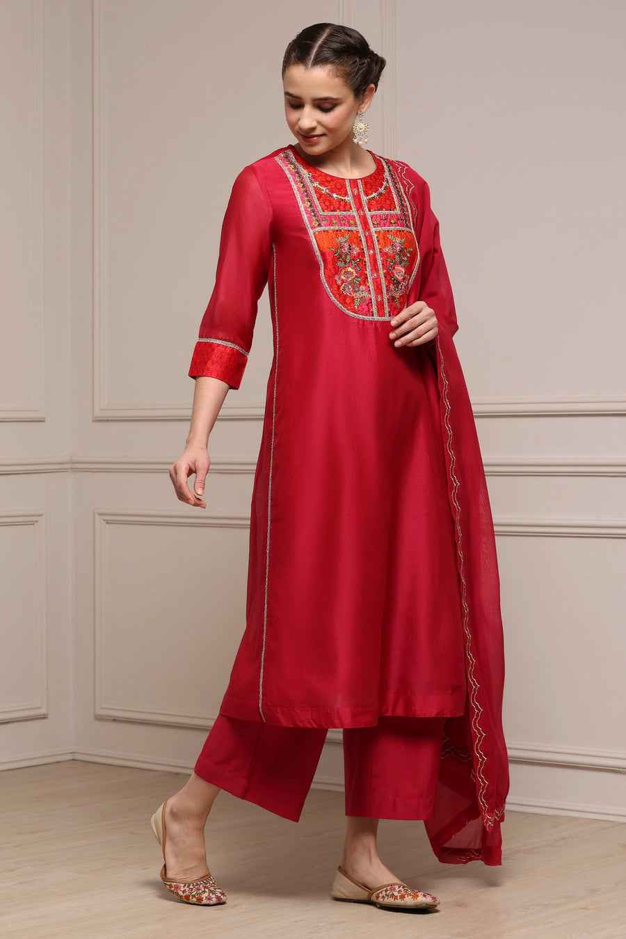 Red Silk Chanderi Yoke Embroidered Kalidar Kurta Set KS60